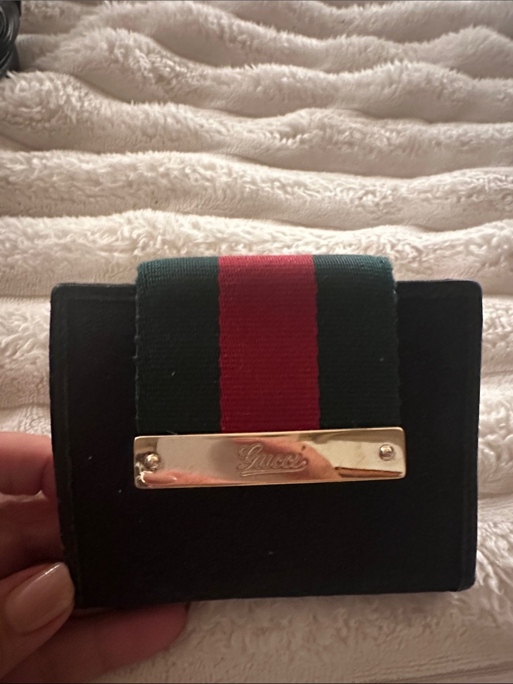 Gucci Black Wallet with Green and Red Web Strap and Gold Plate